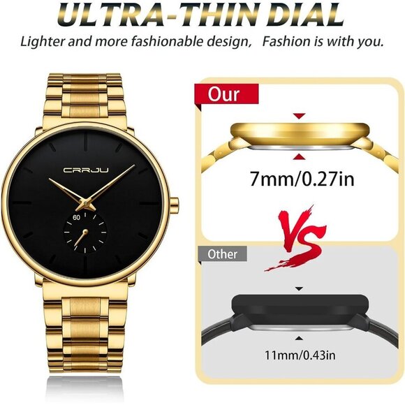 Men\'s Gold-Black Ultra-Thin Minimal Waterproof Stainless Steel Band Buckle Watch main image 6
